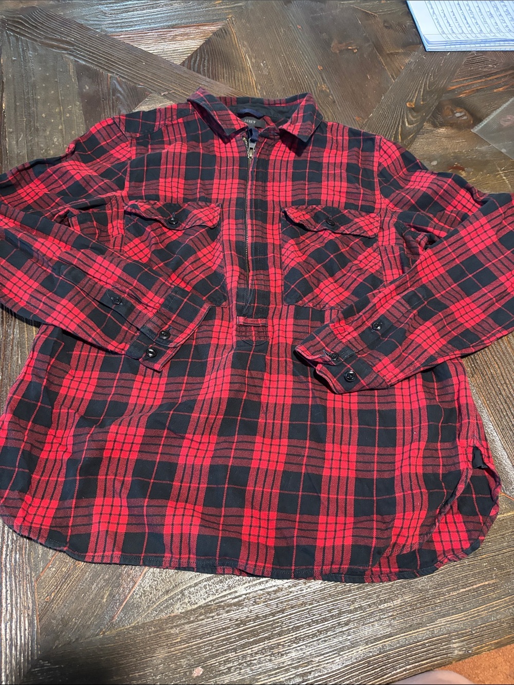 J. Crew Red and Black Plaid Zip-Front Button-Up Shirt